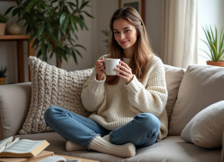 Style hygge : définition, origine et idées de décoration cozy pour adopter ce lifestyle chaleureux Femme détendue buvant une tisane dans un salon cosy scandinave