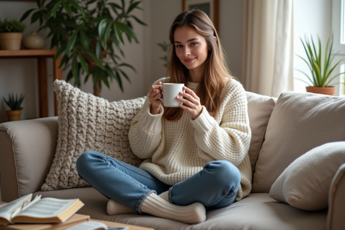 femme-cosy-salon-scandinave Femme détendue buvant une tisane dans un salon cosy scandinave