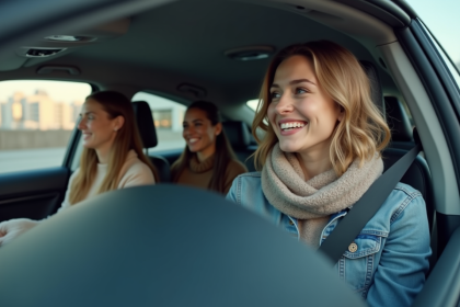 Jeune femme souriante en covoiturage en ville