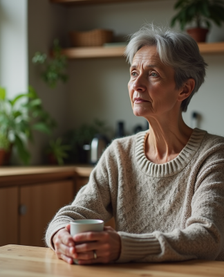 Femme assise seule à la cuisine en matinée