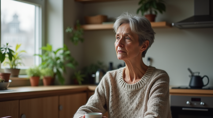 Femme assise seule à la cuisine en matinée