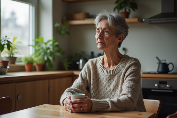 Femme assise seule à la cuisine en matinée