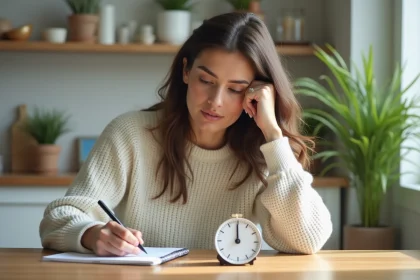 Femme assise à la cuisine prenant des notes près d'un panneau vitesse