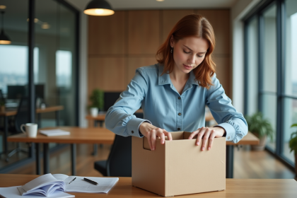 Femme organisant un emballage dans un bureau moderne