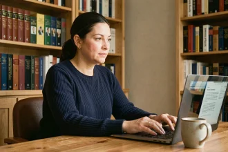 Femme consultant une encyclopédie collaborative en ligne sur son ordinateur portable dans un bureau à domicile entouré de livres de référence