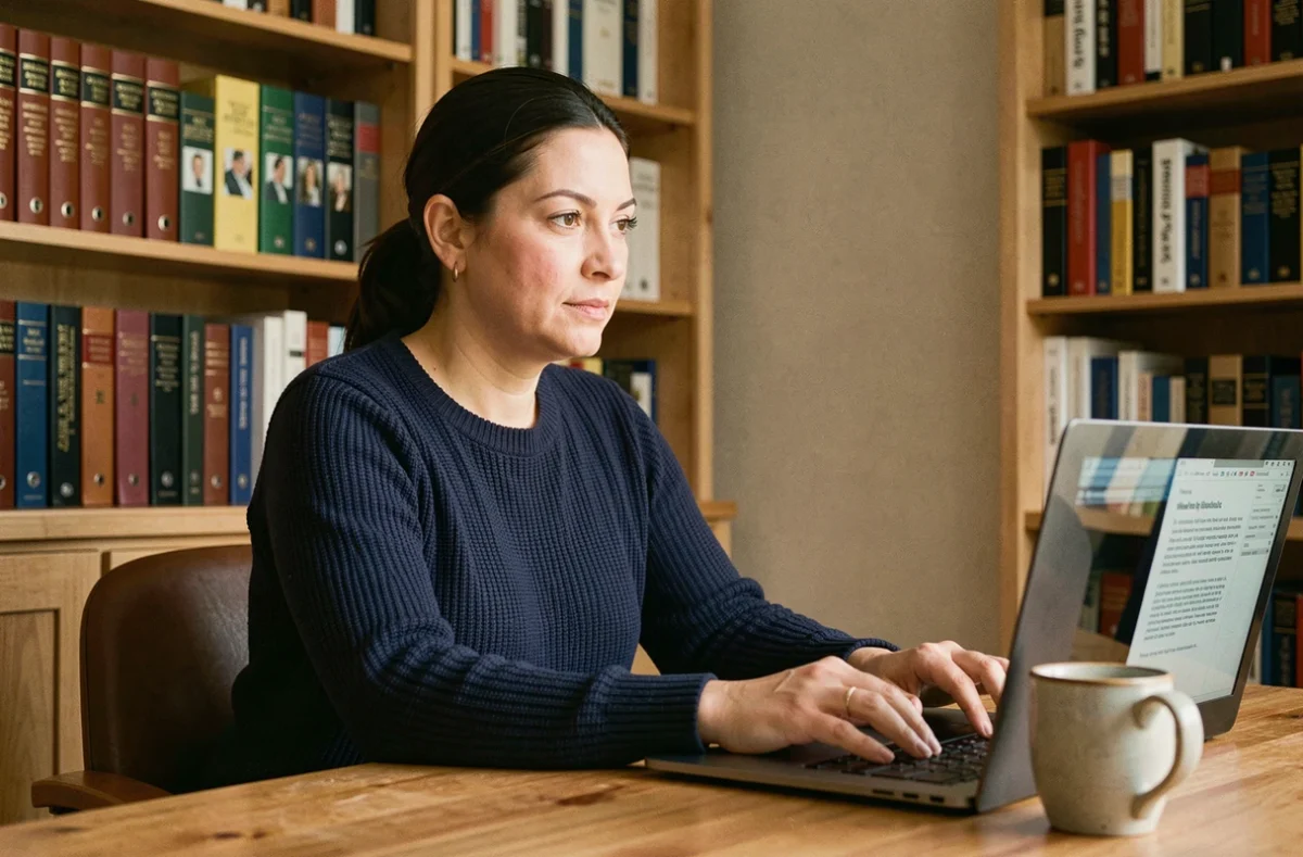 Femme consultant une encyclopédie collaborative en ligne sur son ordinateur portable dans un bureau à domicile entouré de livres de référence