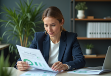 Femme professionnelle analysant un rapport sur l energie verte