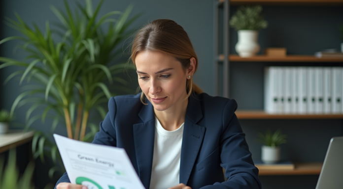 Femme professionnelle analysant un rapport sur l energie verte