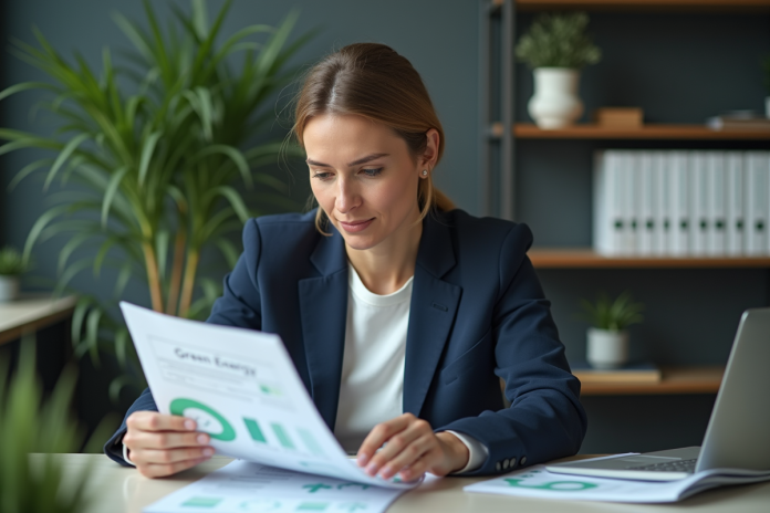 Femme professionnelle analysant un rapport sur l energie verte