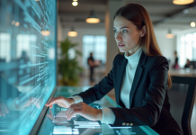 Technologie future : Quelles avancées à attendre ? Jeune femme en bureau interactif avec hologrammes modernes