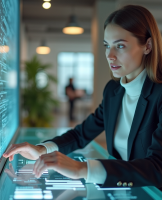 Jeune femme en bureau interactif avec hologrammes modernes