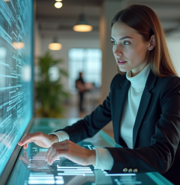 Technologie future : Quelles avancées à attendre ? Jeune femme en bureau interactif avec hologrammes modernes