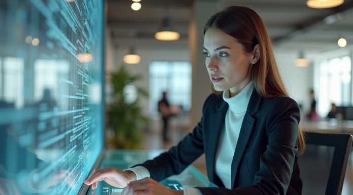 Jeune femme en bureau interactif avec hologrammes modernes