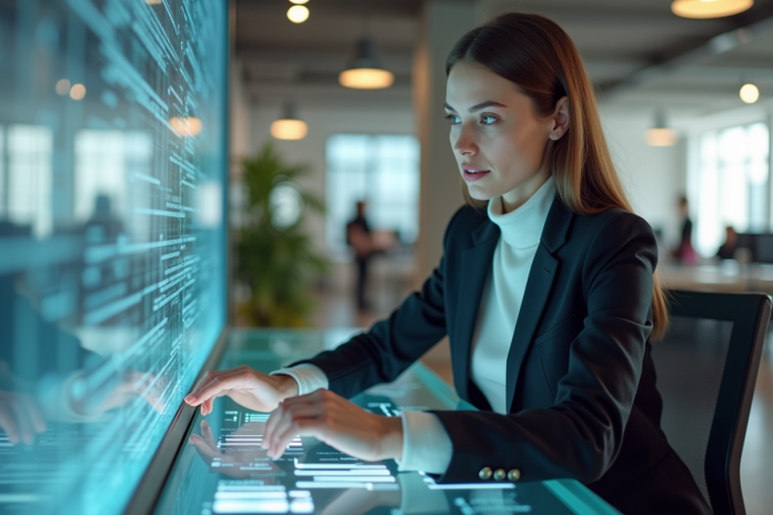 femme-holographique-bureau Jeune femme en bureau interactif avec hologrammes modernes