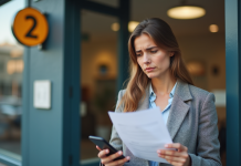 Femme inquiète devant une banque française en journée