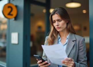 Banques en France : quelles éviter ? Les pièges à connaître ! Femme inquiète devant une banque française en journée