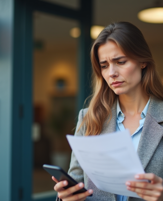 Femme inquiète devant une banque française en journée