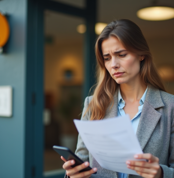 Femme inquiète devant une banque française en journée
