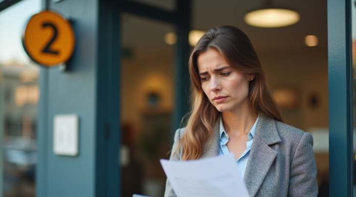 Femme inquiète devant une banque française en journée