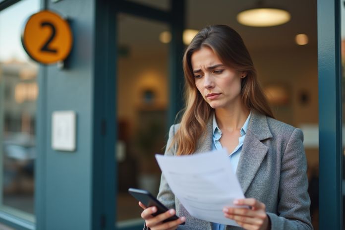 femme-inquiet-banque-francaise Femme inquiète devant une banque française en journée