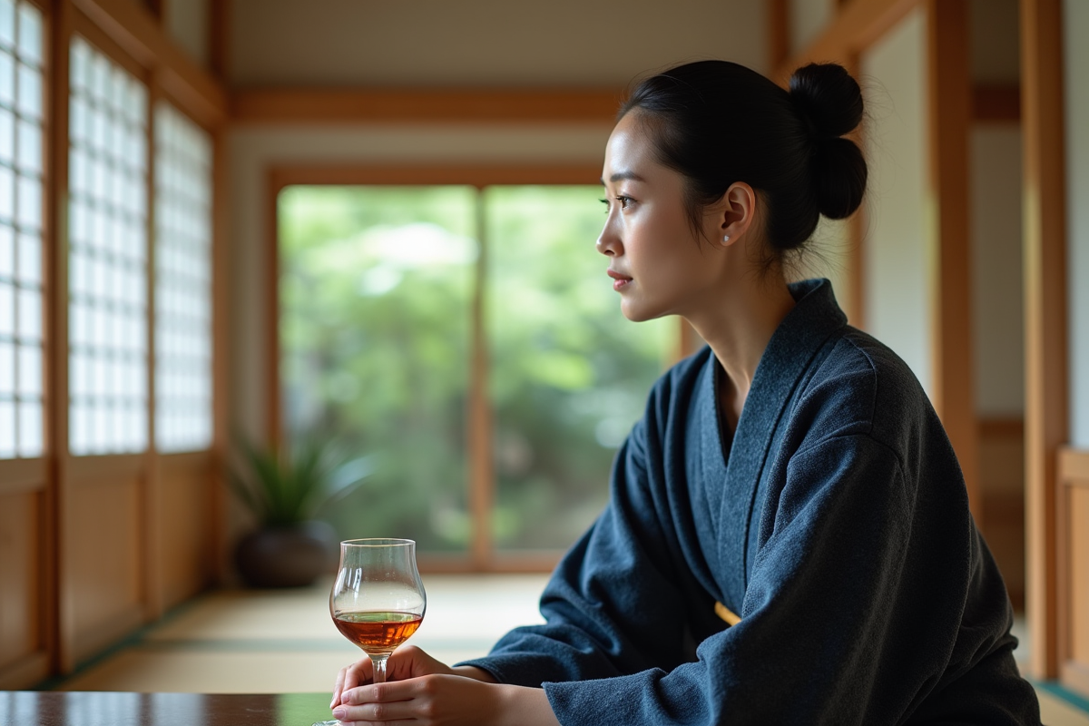 Femme japonaise en kimono contemplant un whisky dans un tatami