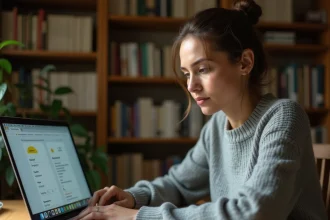 Femme concentrée jouant au jeu Cemantix sur son ordinateur portable dans un bureau à domicile entouré de livres