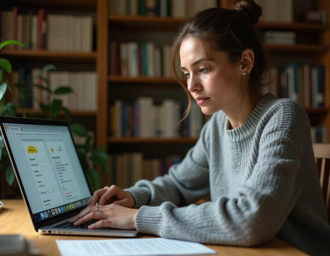 Femme concentrée jouant au jeu Cemantix sur son ordinateur portable dans un bureau à domicile entouré de livres