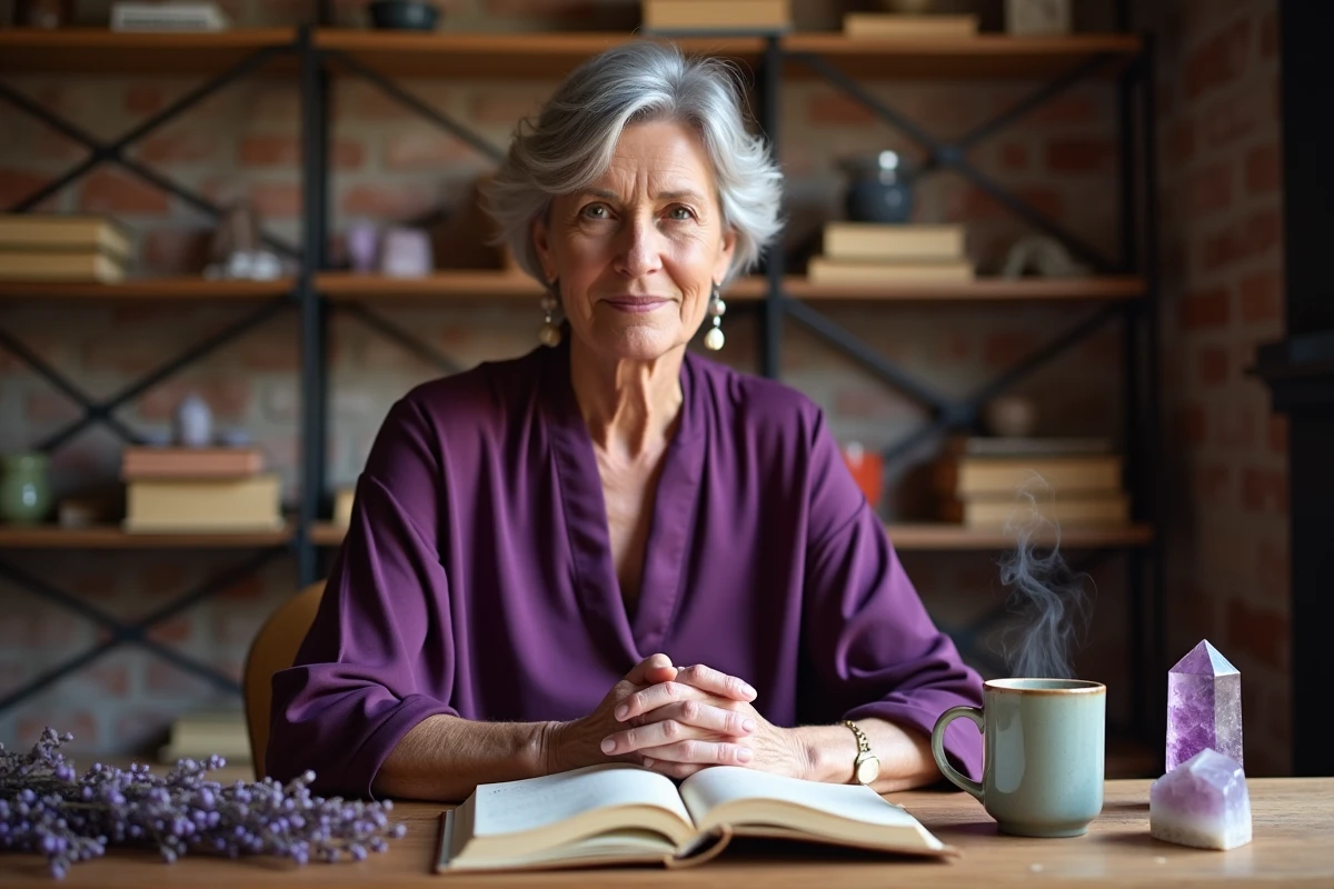 Femme mature en blouse violette écrivant dans un journal spirituel entouré de cristaux, illustrant la signification de l'aura violette