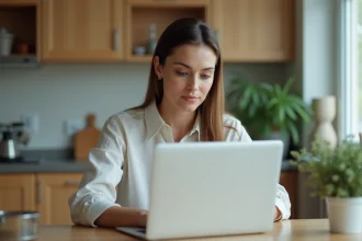 Femme assise à une table de cuisine moderne utilisant un ordinateur portable
