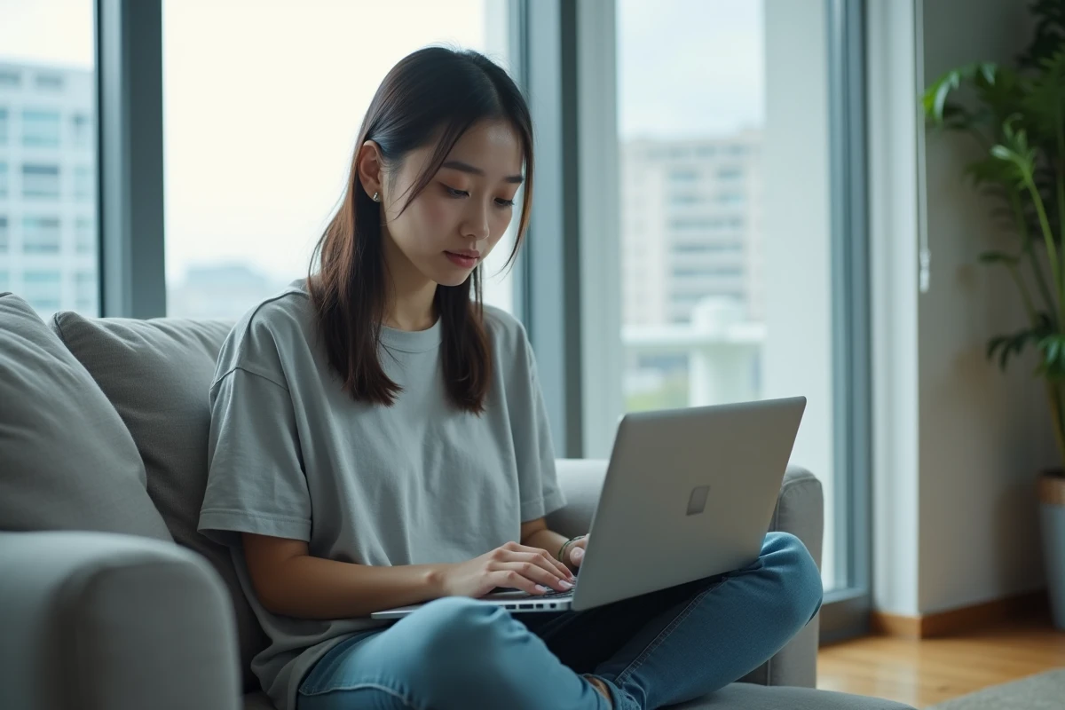 Jeune femme lisant un scan manga en ligne sur laptop dans un appartement moderne sans publicité