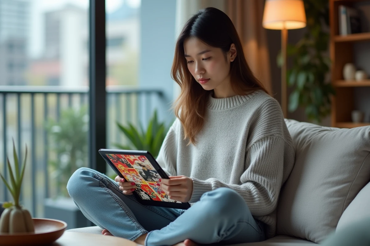 Femme lisant des scans de manga sur une tablette dans un salon moderne, lecture numérique confortable et sans virus