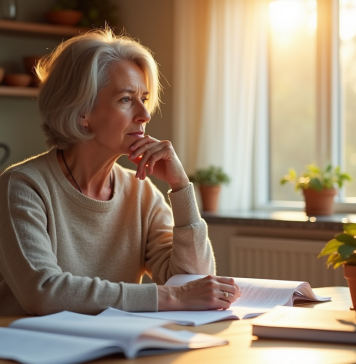 Femme d'âge moyen lisant des documents au matin