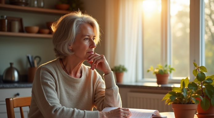 Femme d'âge moyen lisant des documents au matin