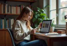 Femme lisant un ebook dans un environnement cosy