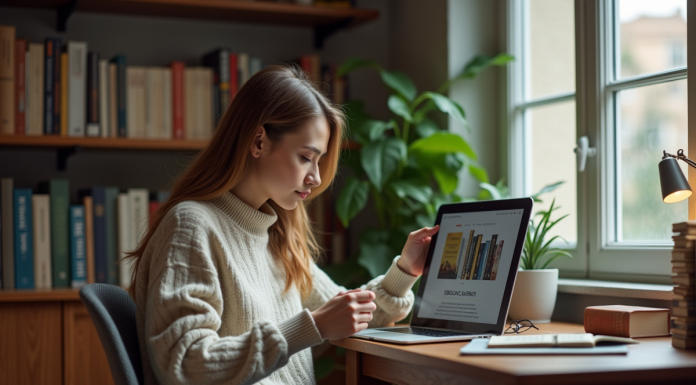 Femme lisant un ebook dans un environnement cosy