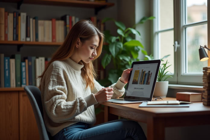 femme-liseuse-maison Femme lisant un ebook dans un environnement cosy