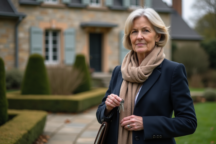 Femme d'âge moyen devant une maison française classique