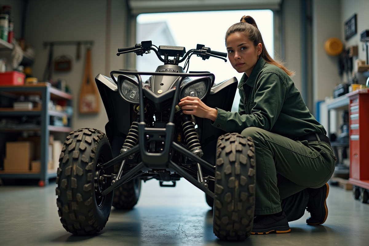 Femme mécanicien inspectant un quad en garage propre
