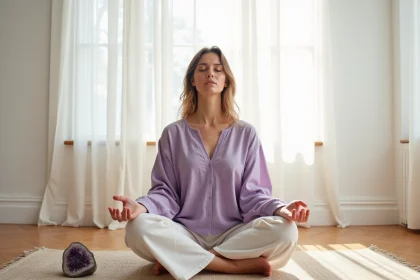 Femme en méditation dans une tenue lavande, entourée de cristaux d'améthyste symbolisant l'éveil spirituel et l'aura violette