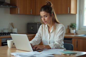 Jeune femme avec papiers et ordinateur dans une cuisine