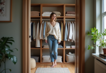 Femme souriante dans une garde-robe organisée et moderne