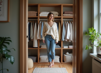 Garde-robe idéale : Combien de vêtements pour une personne ? Femme souriante dans une garde-robe organisée et moderne