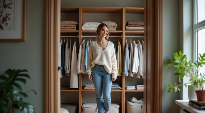 Femme souriante dans une garde-robe organisée et moderne