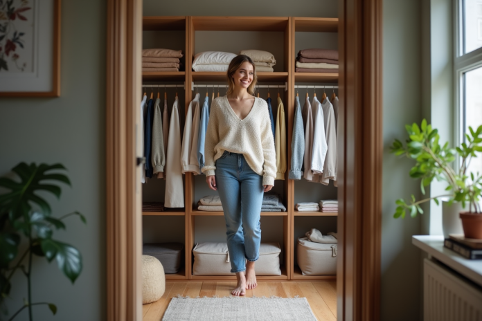 femme-organisation-garde-robe Femme souriante dans une garde-robe organisée et moderne