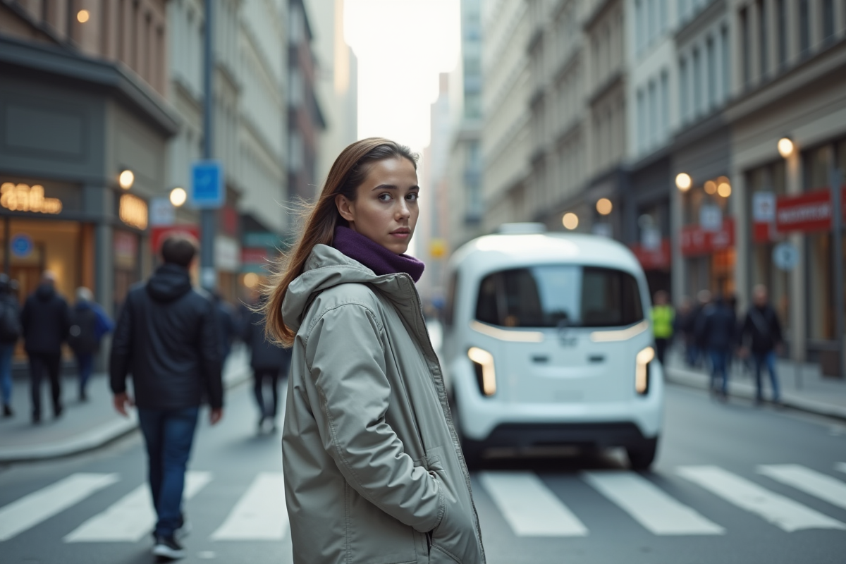 Jeune femme observant une voiture autonome passer