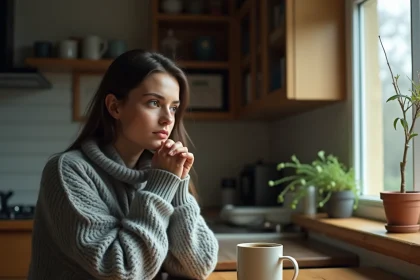 Femme pensive assise seule dans sa cuisine tenant une tasse, regardant par la fenêtre sous la pluie, illustrant la nostalgie après une rupture