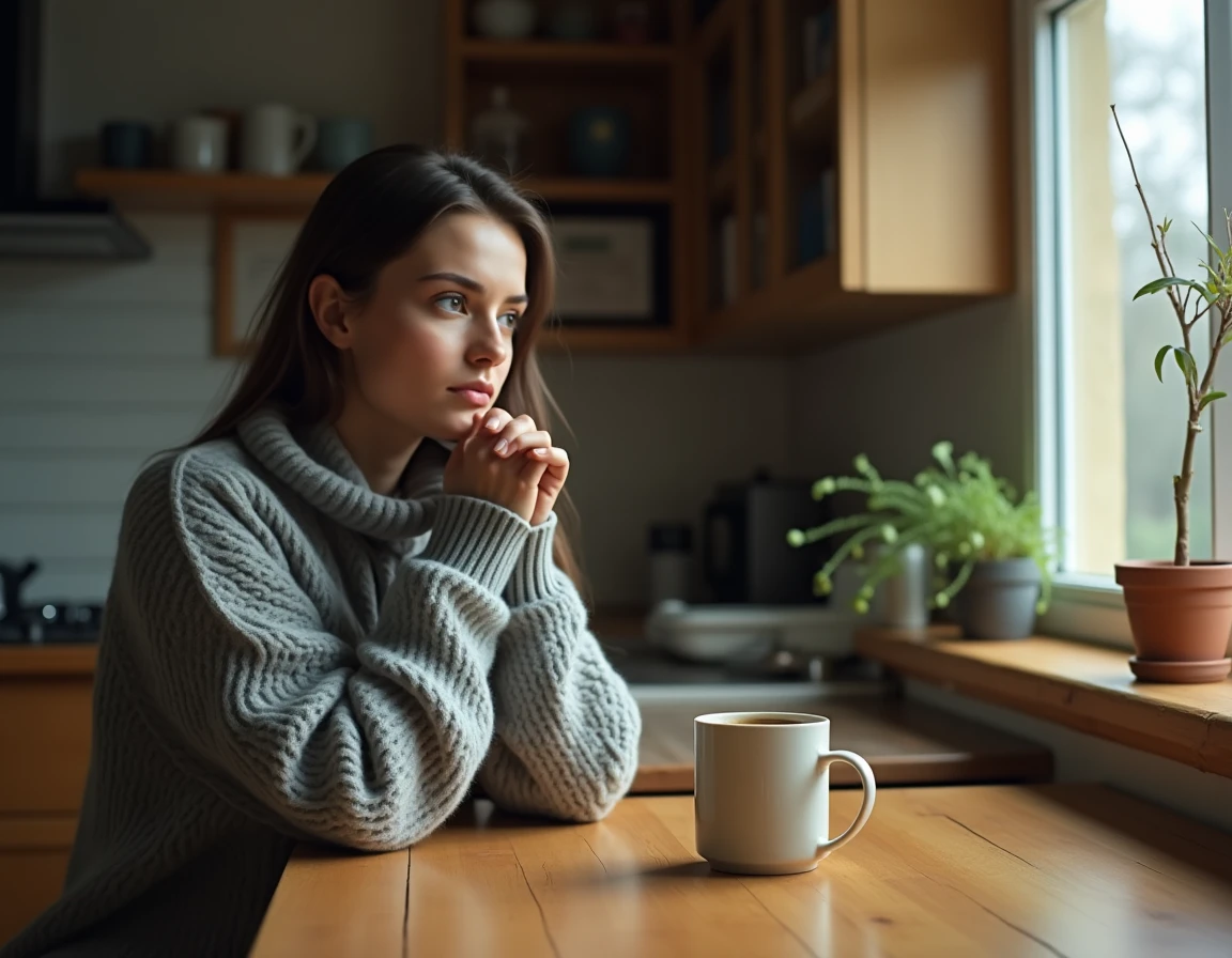Femme pensive assise seule dans sa cuisine tenant une tasse, regardant par la fenêtre sous la pluie, illustrant la nostalgie après une rupture