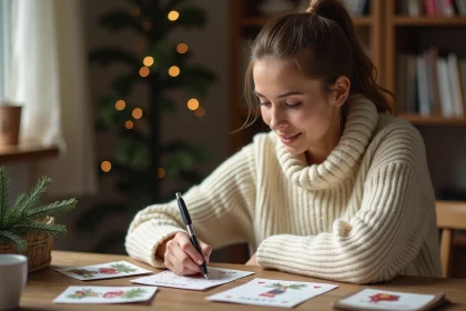 Femme personnalisant une carte de Noël imprimée à la main sur un bureau en bois avec des décorations festives