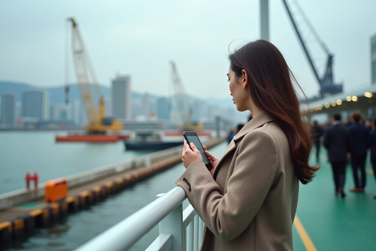 Jeune femme regardant le port depuis le ferry