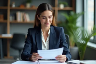 Femme en blazer navy dans un bureau professionnel